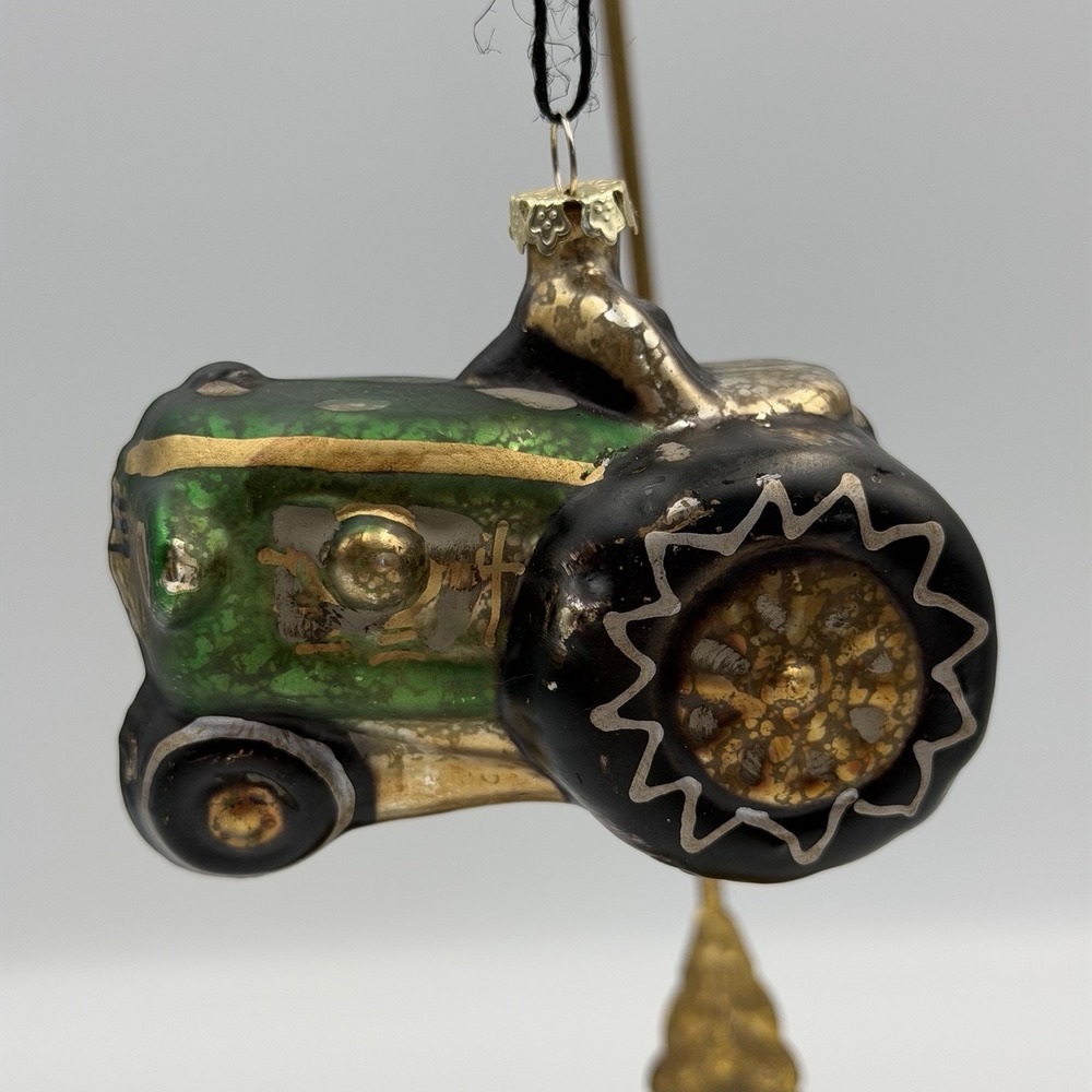Mercury Glass Hand Painted Green Tractor Ornament with Gold Detailing